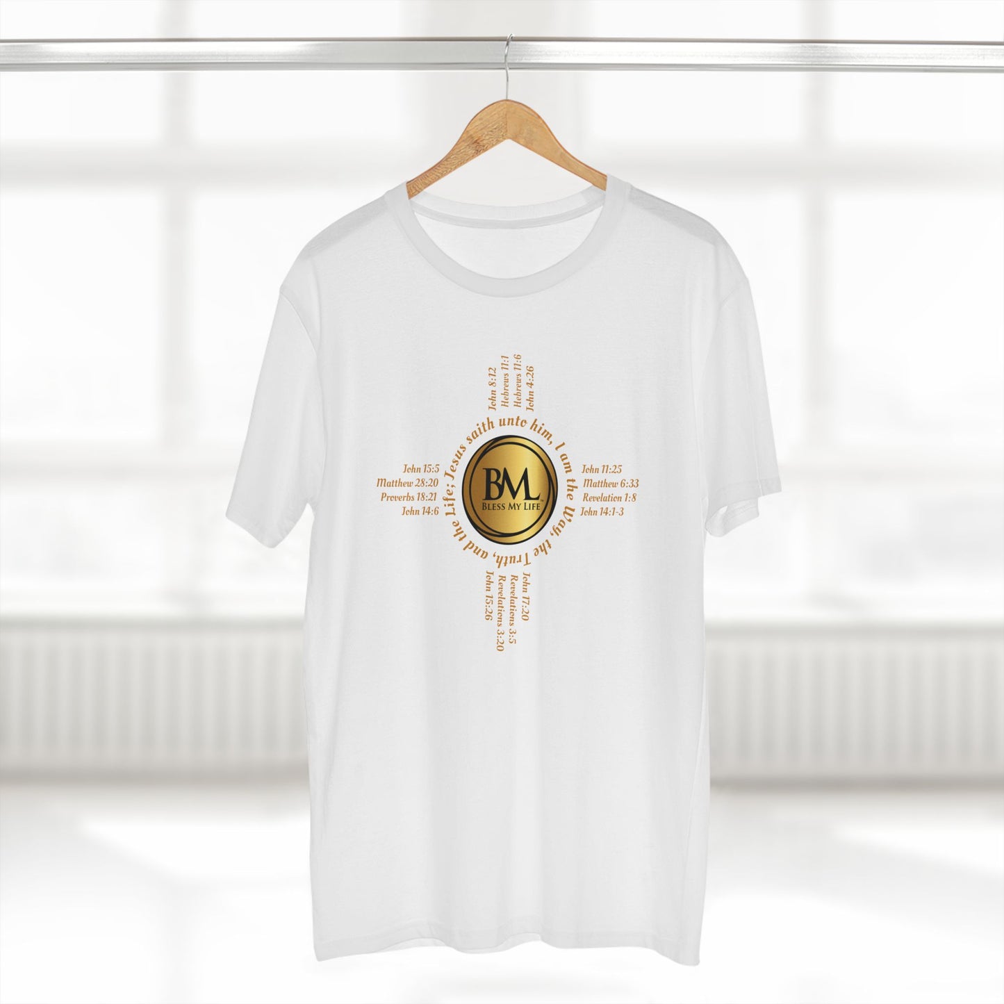 A New Mexican Favorite, Kingdom Essential Tee with Biblical Scriptures surrounding BML logo and in the form of the famed & respected Zia Pueblo Symbol