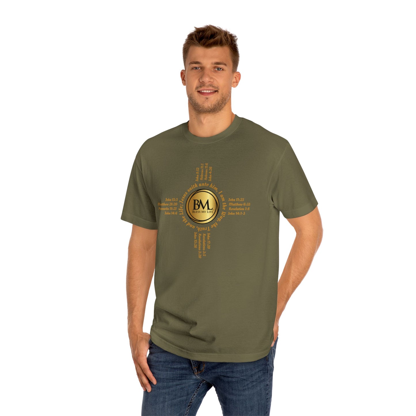 A New Mexican Favorite, Eternal Grace Classic Tee with Biblical Scriptures surrounding BML logo and in the form of the famed & respected Zia Pueblo Symbol