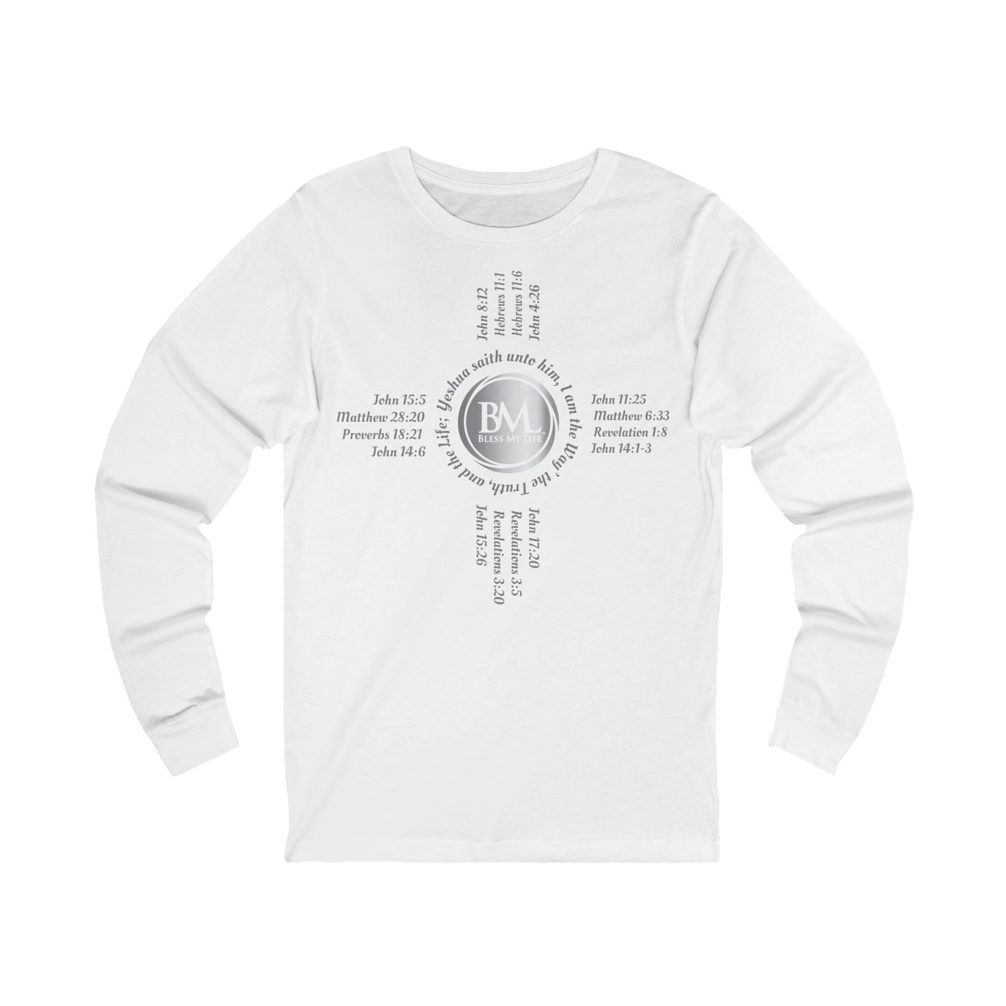A New Mexican Favorite, Unisex Jersey Long Sleeve Tee with Biblical Scriptures surrounding BML logo and in the form of the famed & respected Zia Pueblo Symbol