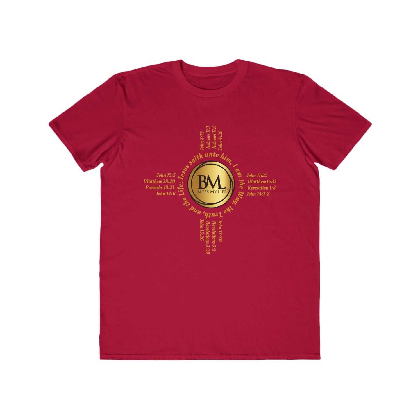 A New Mexican Favorite, Kingdom Walk Fashion Tee with Biblical Scriptures surrounding BML logo and in the form of the famed & respected Zia Pueblo Symbol