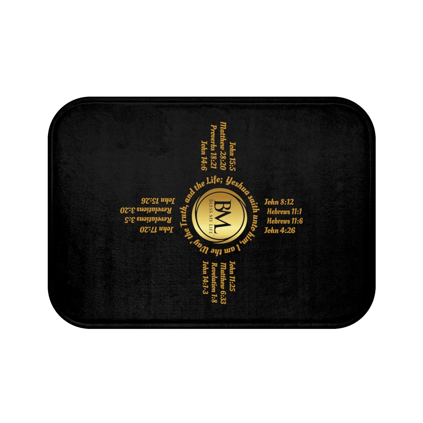 Black Bath Mat with Gold Zia Biblical Scriptures, A New Mexico Icon & Favorite!