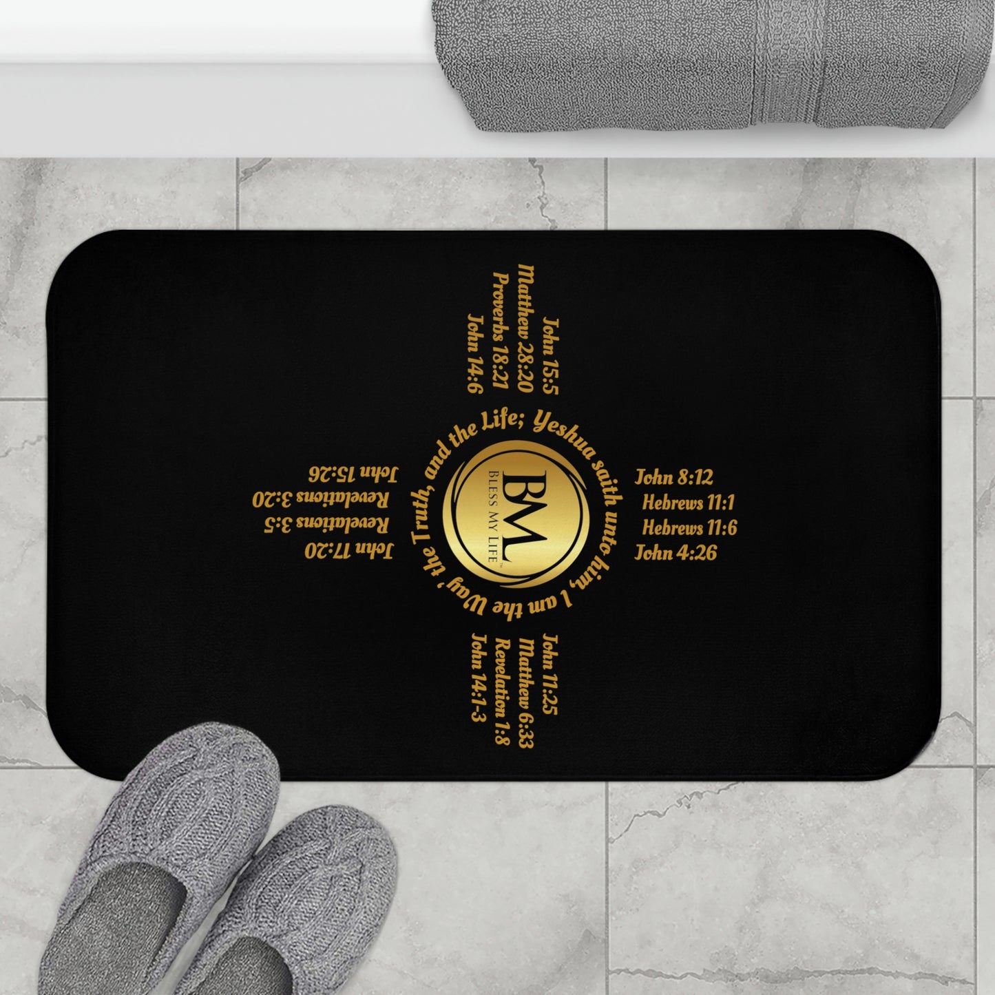 Black Bath Mat with Gold Zia Biblical Scriptures, A New Mexico Icon & Favorite!