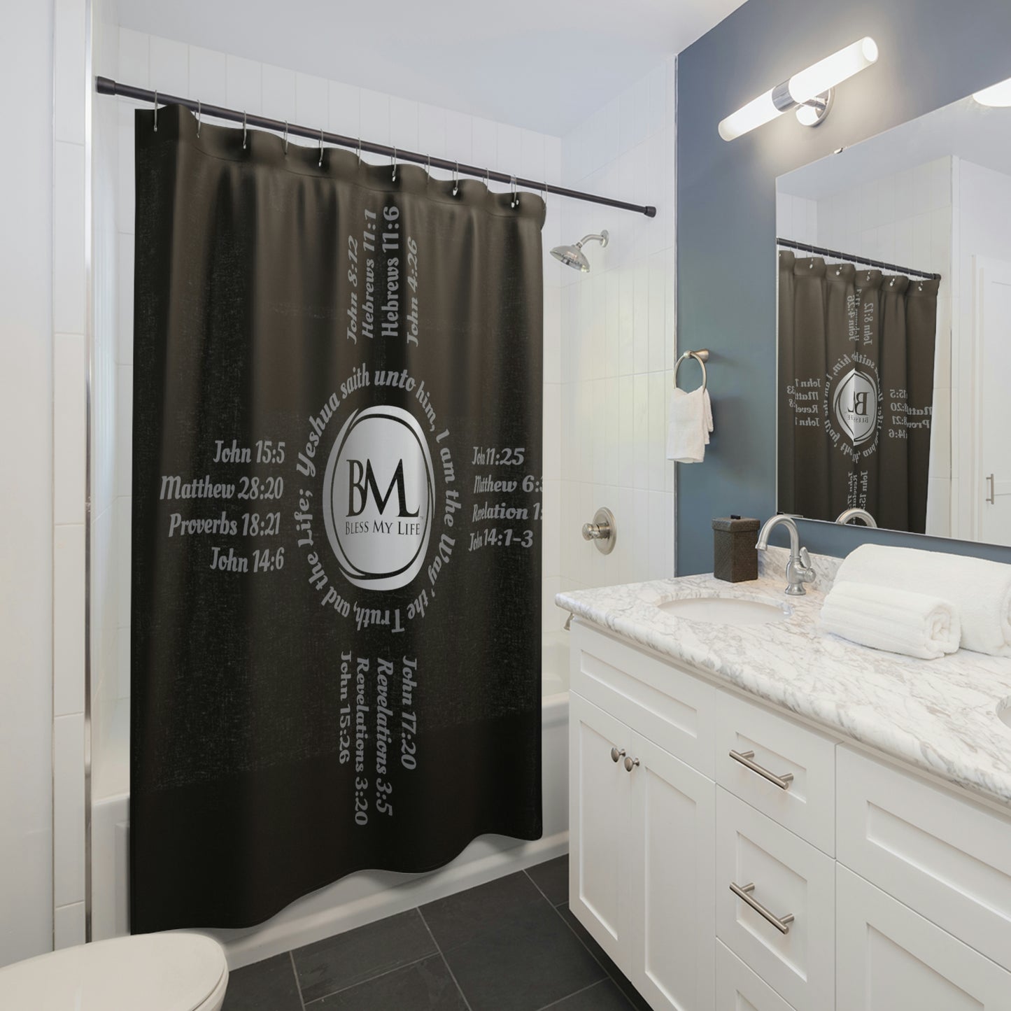Zia Symbols with Biblical Scriptures, A New Mexico Icon & Favorite! Black Shower Curtains with Gold Zia!