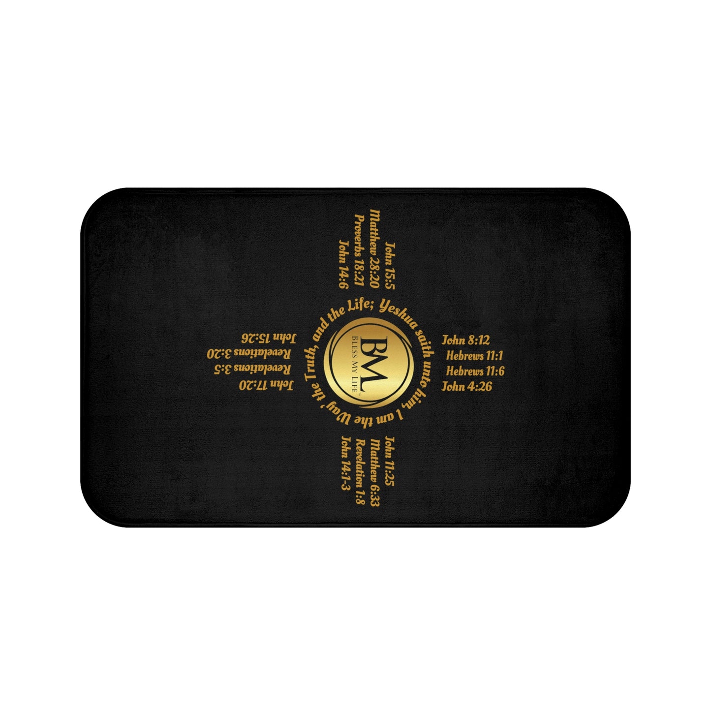 Black Bath Mat with Gold Zia Biblical Scriptures, A New Mexico Icon & Favorite!