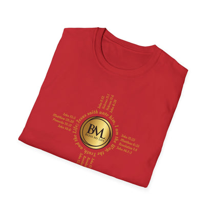 A New Mexican Favorite, Grace-Filled Softstyle T-Shirt with Biblical Scriptures surrounding BML logo and in the form of the famed & respected Zia Pueblo Symbol