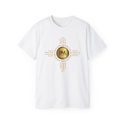 A New Mexican Favorite, Cross & Comfort Cotton T-Shirt with Biblical Scriptures surrounding BML logo and in the form of the famed & respected Zia Pueblo Symbol