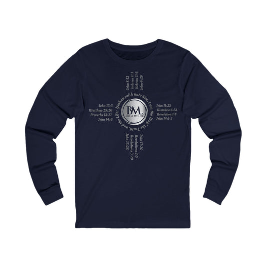 A New Mexican Favorite, Unisex Jersey Long Sleeve Tee with Biblical Scriptures surrounding BML logo and in the form of the famed & respected Zia Pueblo Symbol