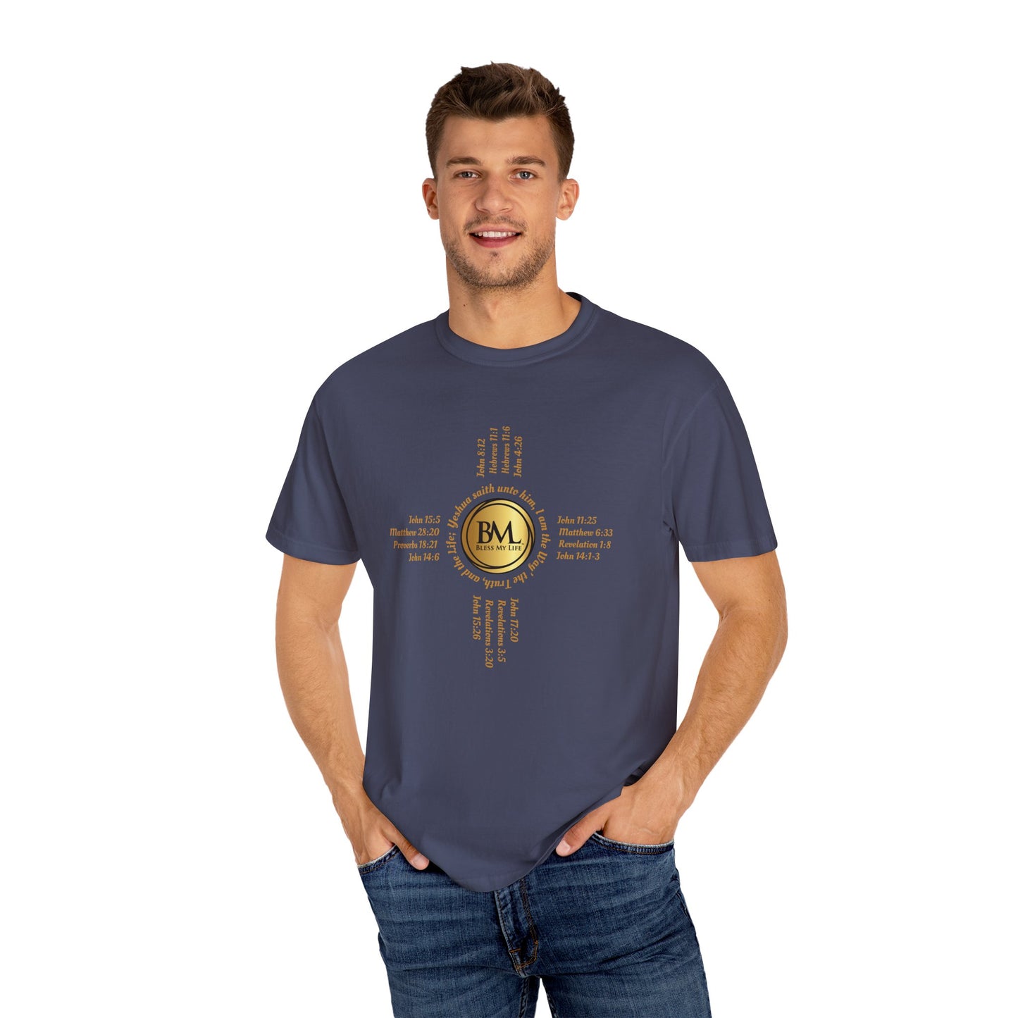 A New Mexican Favorite, Christ-Centered Comfort Garment-Dyed T-Shirt with Biblical Scriptures surrounding BML logo and in the form of the famed & respected Zia Pueblo Symbol