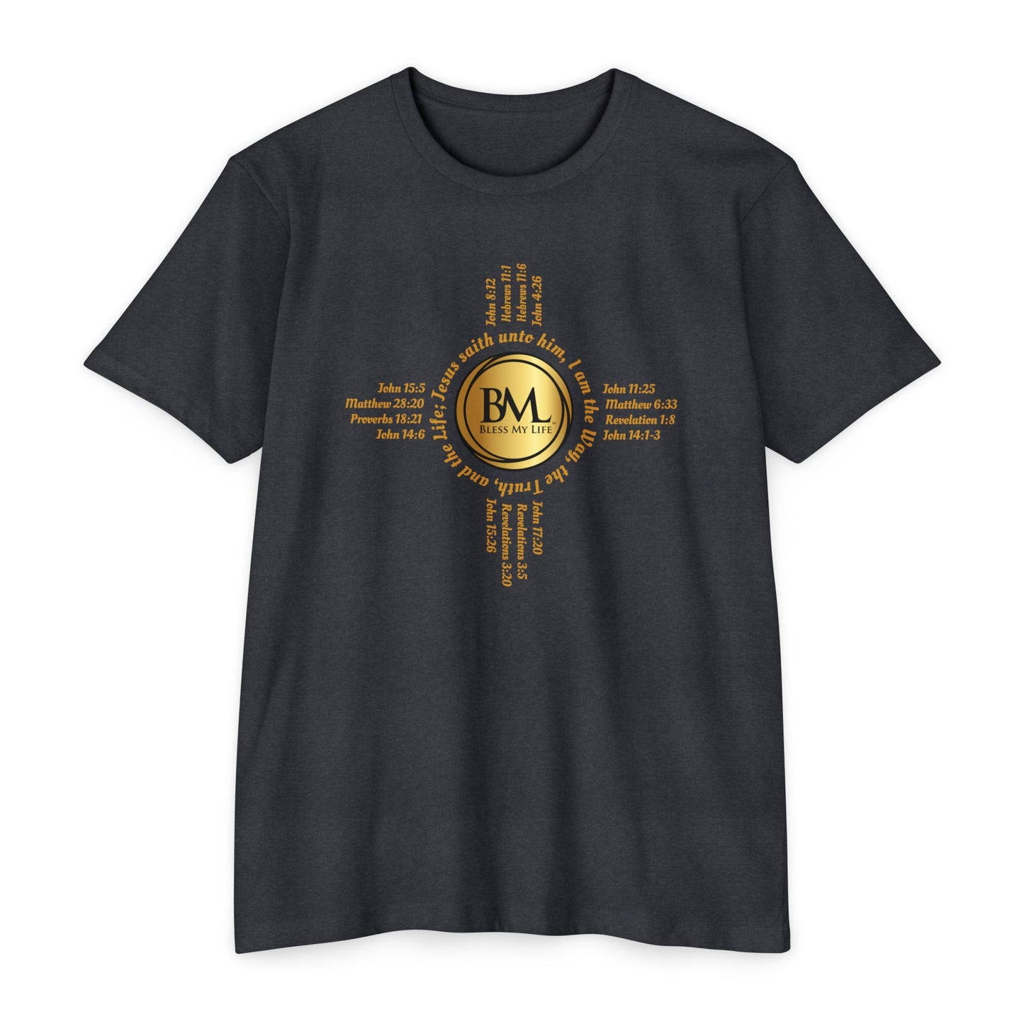 A New Mexican Favorite, Grace-Woven Jersey Tee with Biblical Scriptures surrounding BML logo and in the form of the famed & respected Zia Pueblo Symbol