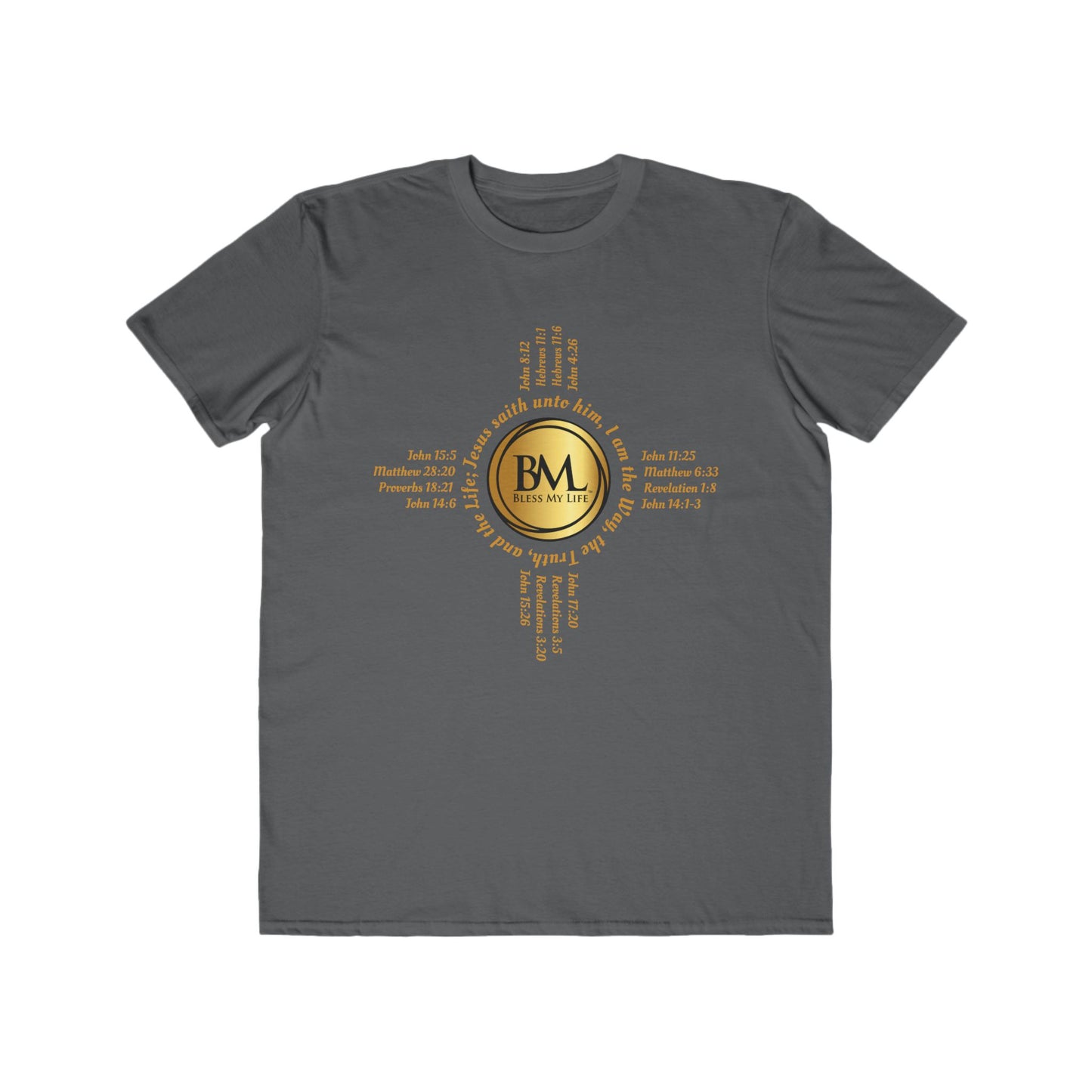 A New Mexican Favorite, Kingdom Walk Fashion Tee with Biblical Scriptures surrounding BML logo and in the form of the famed & respected Zia Pueblo Symbol