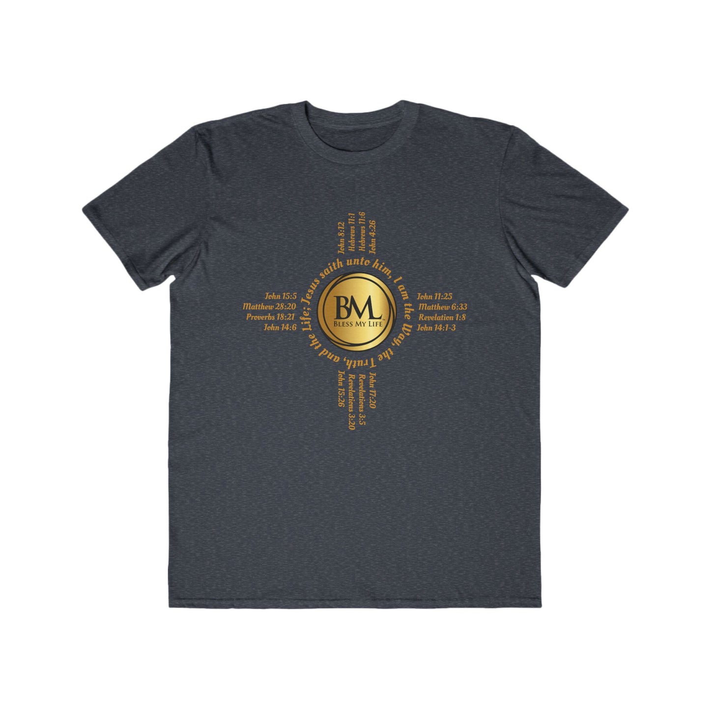 A New Mexican Favorite, Kingdom Walk Fashion Tee with Biblical Scriptures surrounding BML logo and in the form of the famed & respected Zia Pueblo Symbol