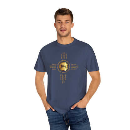 A New Mexican Favorite, Christ-Centered Comfort Garment-Dyed T-Shirt with Biblical Scriptures surrounding BML logo and in the form of the famed & respected Zia Pueblo Symbol