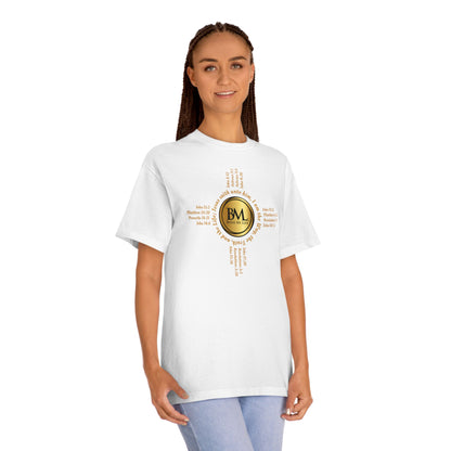 A New Mexican Favorite, Eternal Grace Classic Tee with Biblical Scriptures surrounding BML logo and in the form of the famed & respected Zia Pueblo Symbol