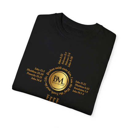 A New Mexican Favorite, Christ-Centered Comfort Garment-Dyed T-Shirt with Biblical Scriptures surrounding BML logo and in the form of the famed & respected Zia Pueblo Symbol