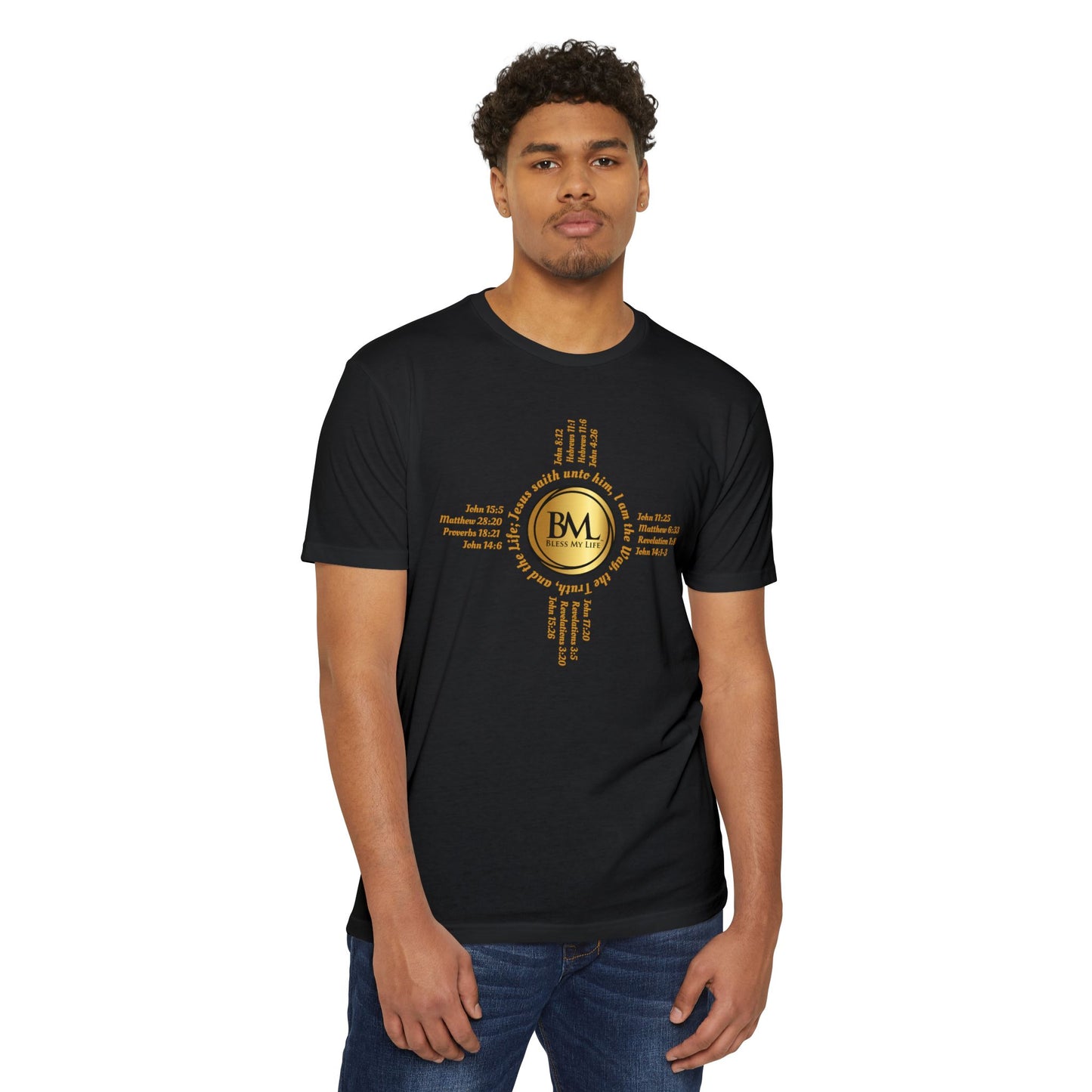 A New Mexican Favorite, Grace-Woven Jersey Tee with Biblical Scriptures surrounding BML logo and in the form of the famed & respected Zia Pueblo Symbol