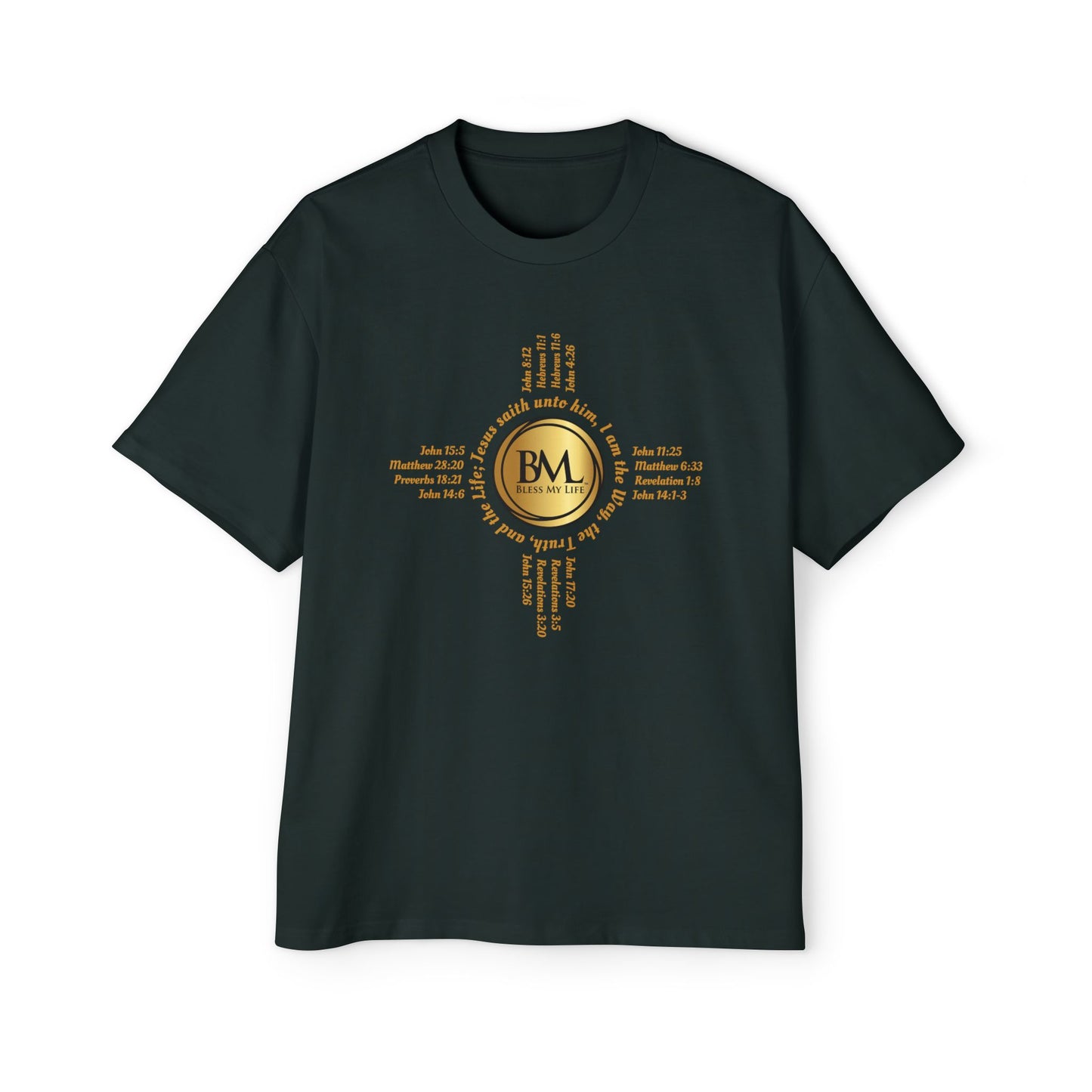 A New Mexican Favorite, Strength in Christ Performance Tee with Biblical Scriptures surrounding BML logo and in the form of the famed & respected Zia Pueblo Symbol