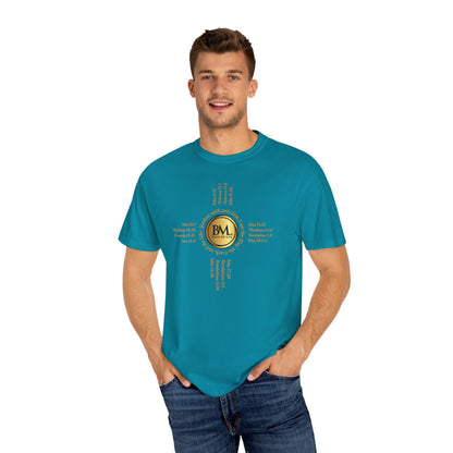 A New Mexican Favorite, Christ-Centered Comfort Garment-Dyed T-Shirt with Biblical Scriptures surrounding BML logo and in the form of the famed & respected Zia Pueblo Symbol