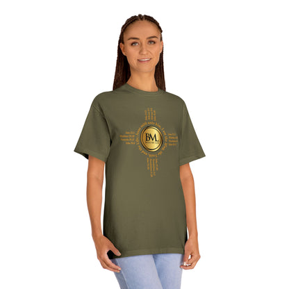 A New Mexican Favorite, Eternal Grace Classic Tee with Biblical Scriptures surrounding BML logo and in the form of the famed & respected Zia Pueblo Symbol