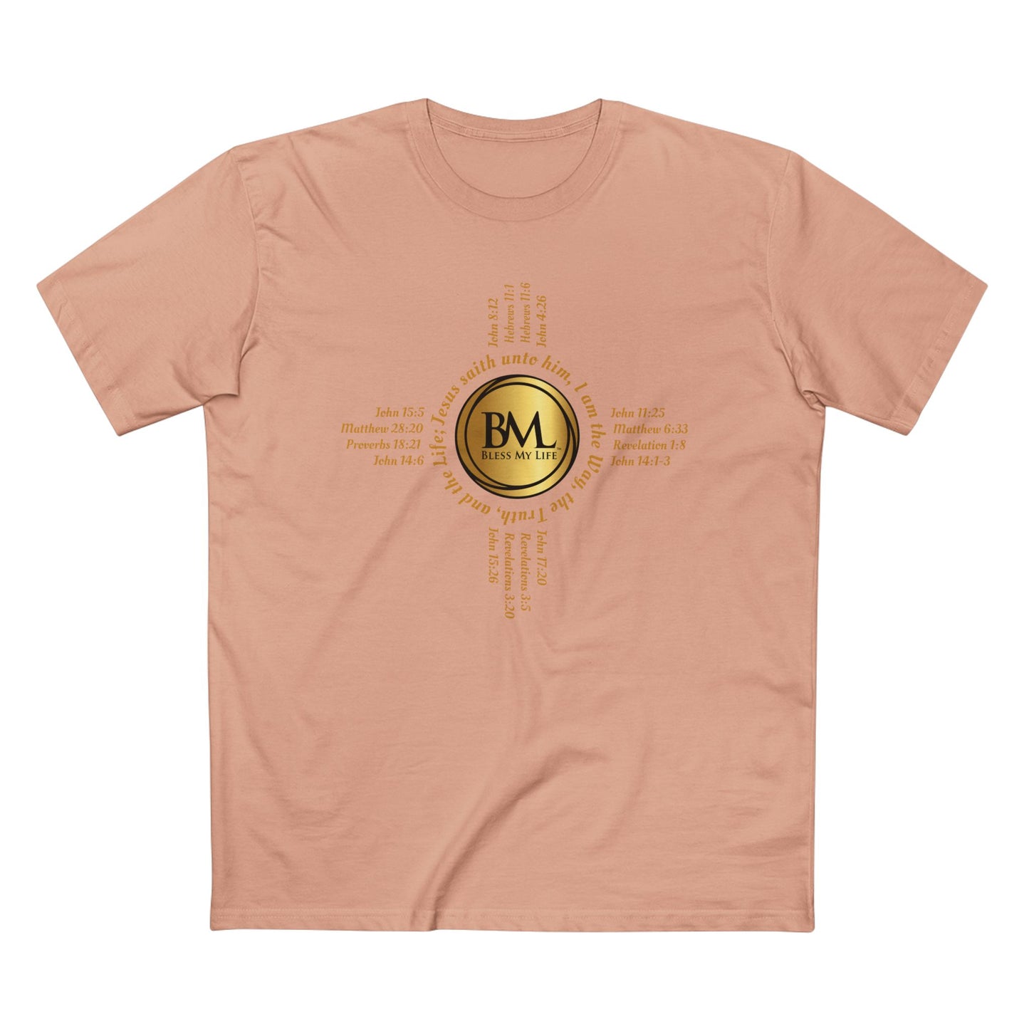 A New Mexican Favorite, Kingdom Essential Tee with Biblical Scriptures surrounding BML logo and in the form of the famed & respected Zia Pueblo Symbol