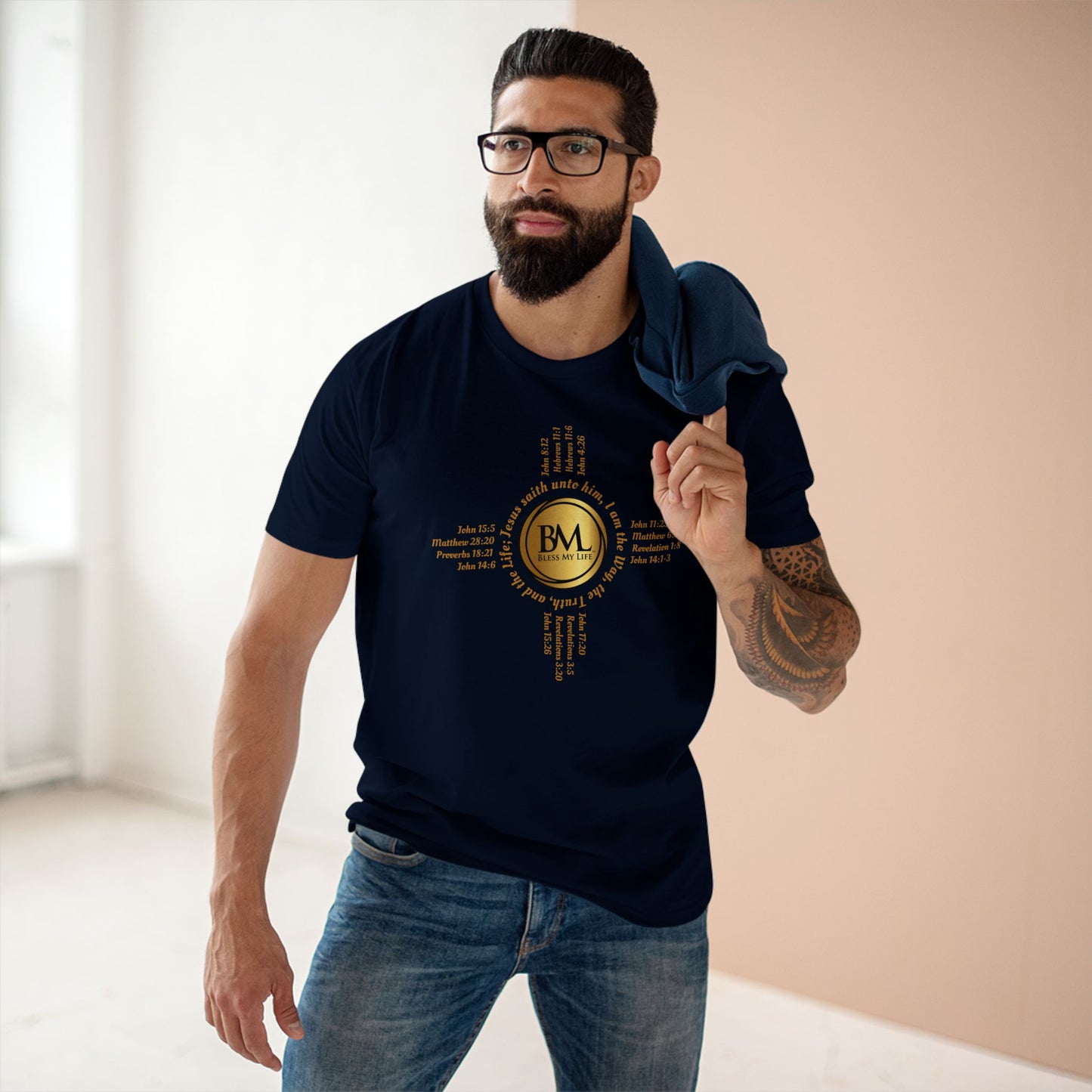 A New Mexican Favorite, Kingdom Essential Tee with Biblical Scriptures surrounding BML logo and in the form of the famed & respected Zia Pueblo Symbol