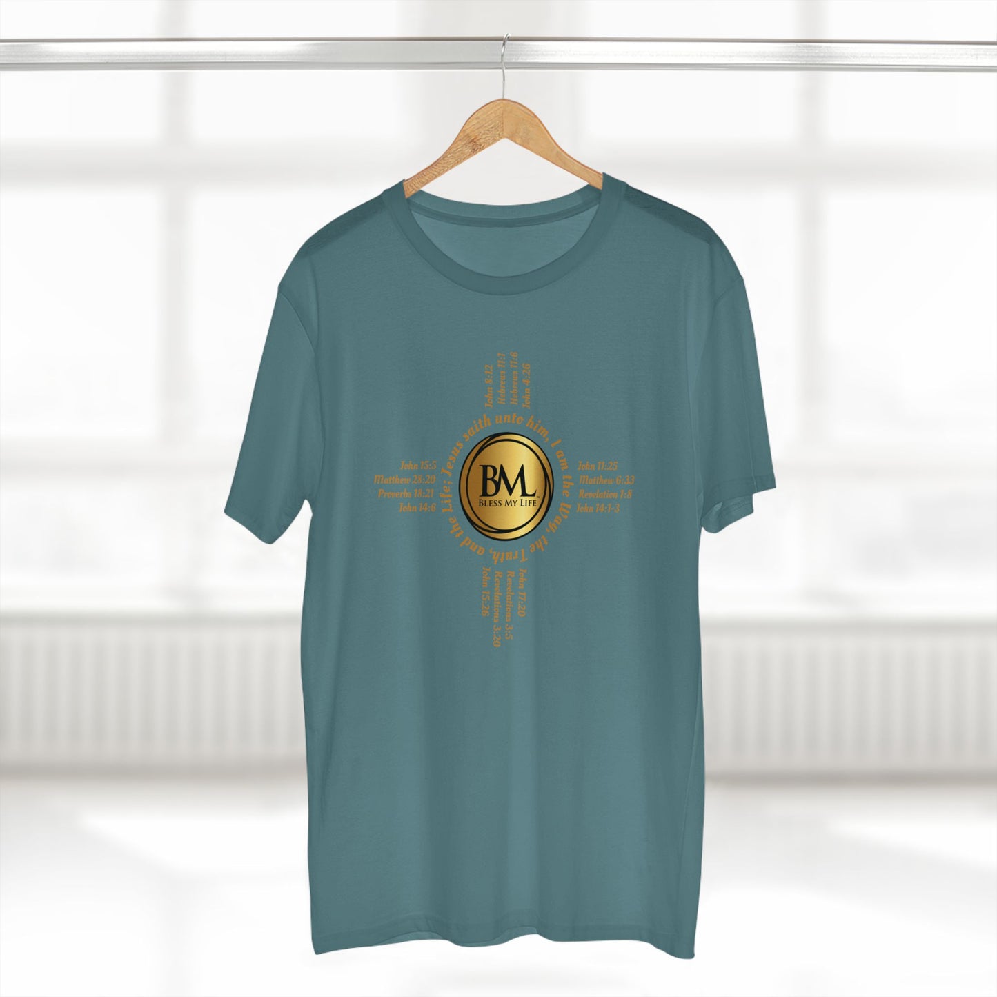 A New Mexican Favorite, Kingdom Essential Tee with Biblical Scriptures surrounding BML logo and in the form of the famed & respected Zia Pueblo Symbol