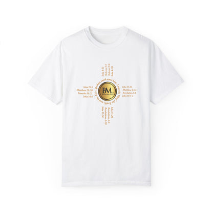 A New Mexican Favorite, Christ-Centered Comfort Garment-Dyed T-Shirt with Biblical Scriptures surrounding BML logo and in the form of the famed & respected Zia Pueblo Symbol