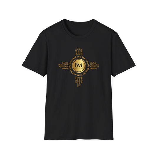 A New Mexican Favorite, Grace-Filled Softstyle T-Shirt with Biblical Scriptures surrounding BML logo and in the form of the famed & respected Zia Pueblo Symbol