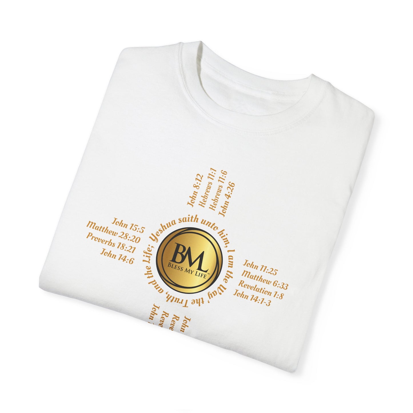 A New Mexican Favorite, Christ-Centered Comfort Garment-Dyed T-Shirt with Biblical Scriptures surrounding BML logo and in the form of the famed & respected Zia Pueblo Symbol