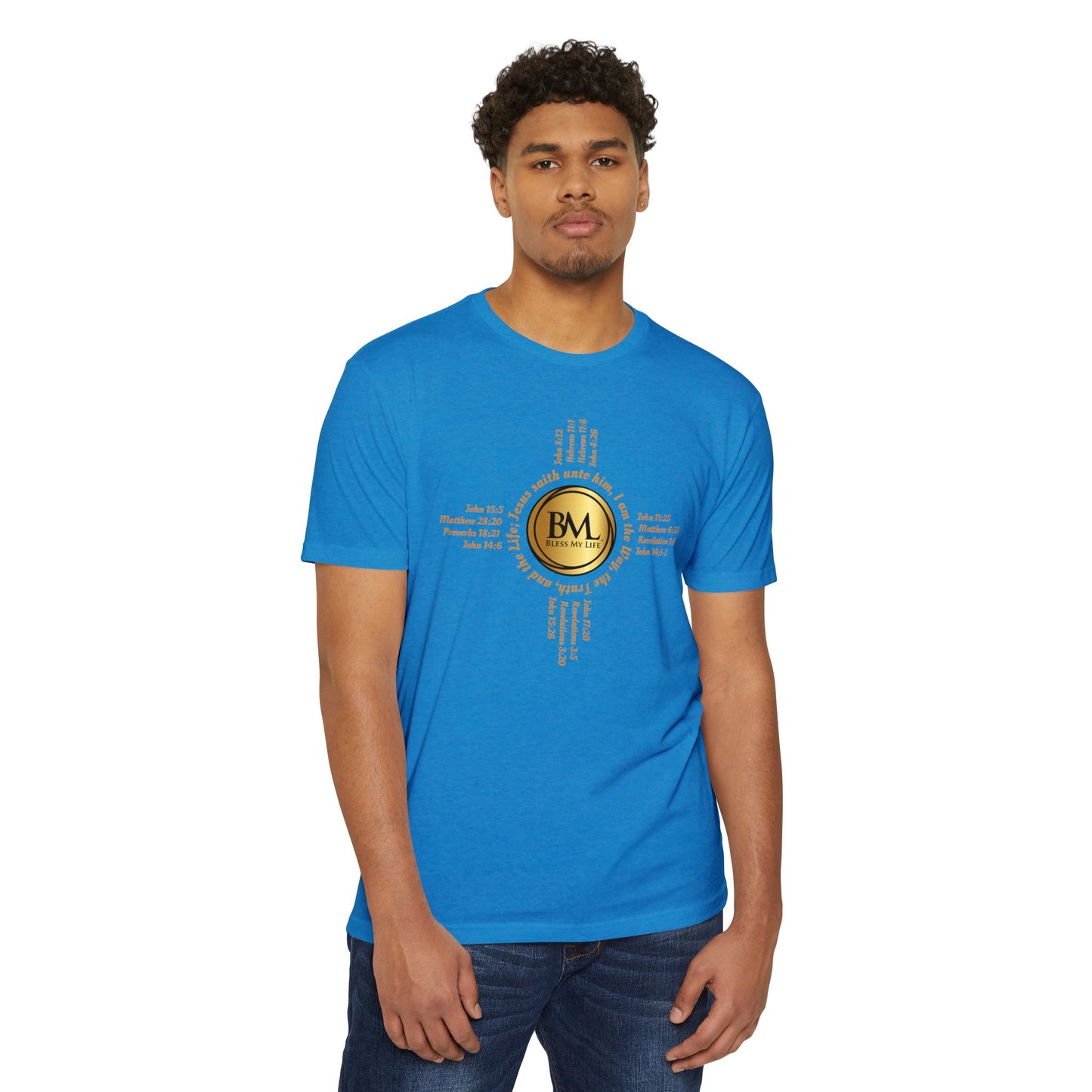 A New Mexican Favorite, Grace-Woven Jersey Tee with Biblical Scriptures surrounding BML logo and in the form of the famed & respected Zia Pueblo Symbol