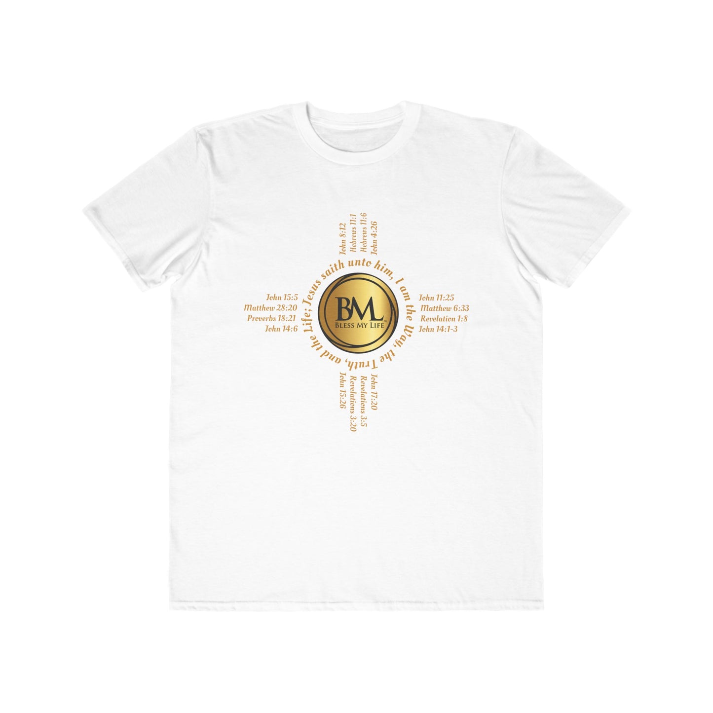 A New Mexican Favorite, Kingdom Walk Fashion Tee with Biblical Scriptures surrounding BML logo and in the form of the famed & respected Zia Pueblo Symbol