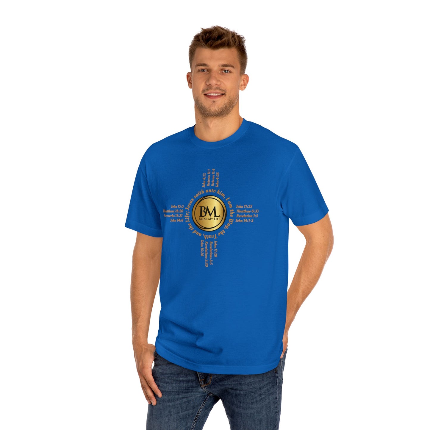 A New Mexican Favorite, Eternal Grace Classic Tee with Biblical Scriptures surrounding BML logo and in the form of the famed & respected Zia Pueblo Symbol