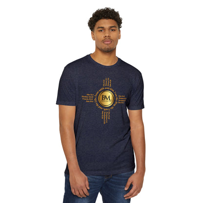 A New Mexican Favorite, Grace-Woven Jersey Tee with Biblical Scriptures surrounding BML logo and in the form of the famed & respected Zia Pueblo Symbol