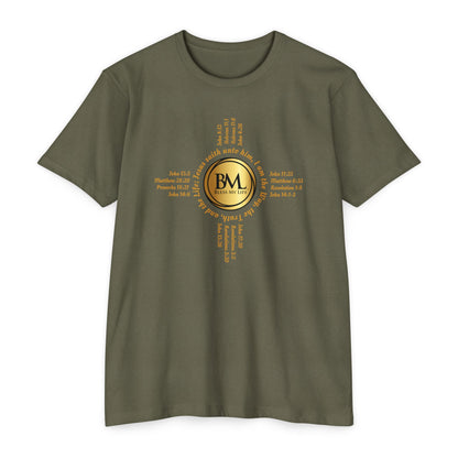 A New Mexican Favorite, Grace-Woven Jersey Tee with Biblical Scriptures surrounding BML logo and in the form of the famed & respected Zia Pueblo Symbol