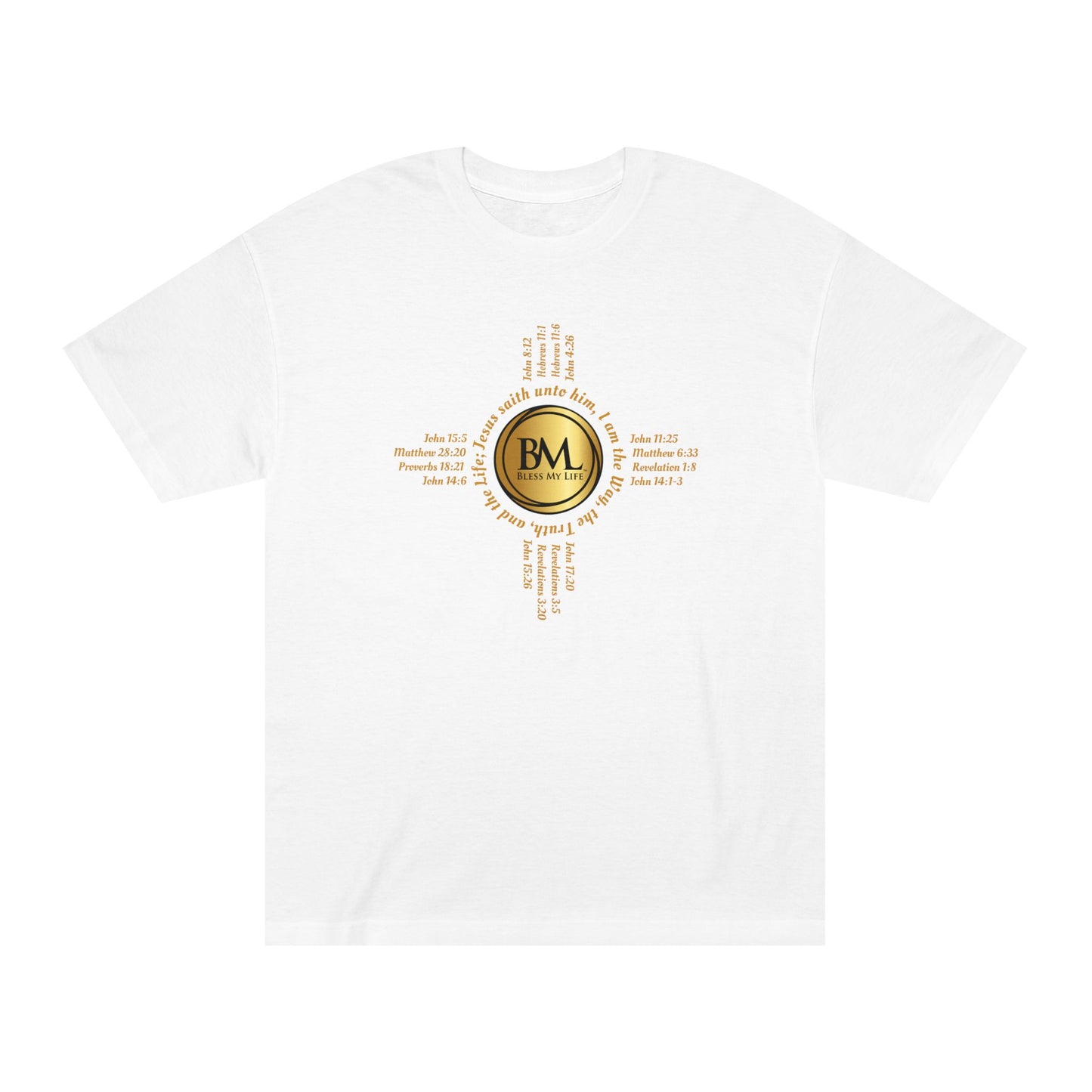 A New Mexican Favorite, Eternal Grace Classic Tee with Biblical Scriptures surrounding BML logo and in the form of the famed & respected Zia Pueblo Symbol