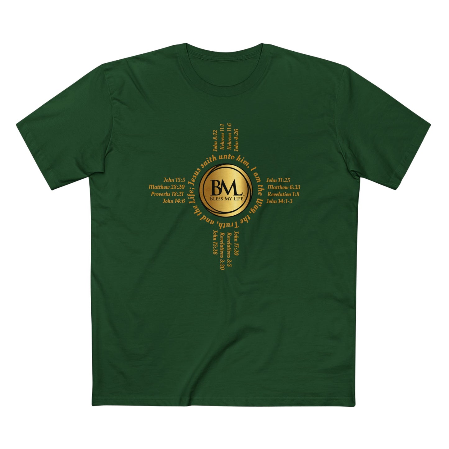 A New Mexican Favorite, Kingdom Essential Tee with Biblical Scriptures surrounding BML logo and in the form of the famed & respected Zia Pueblo Symbol