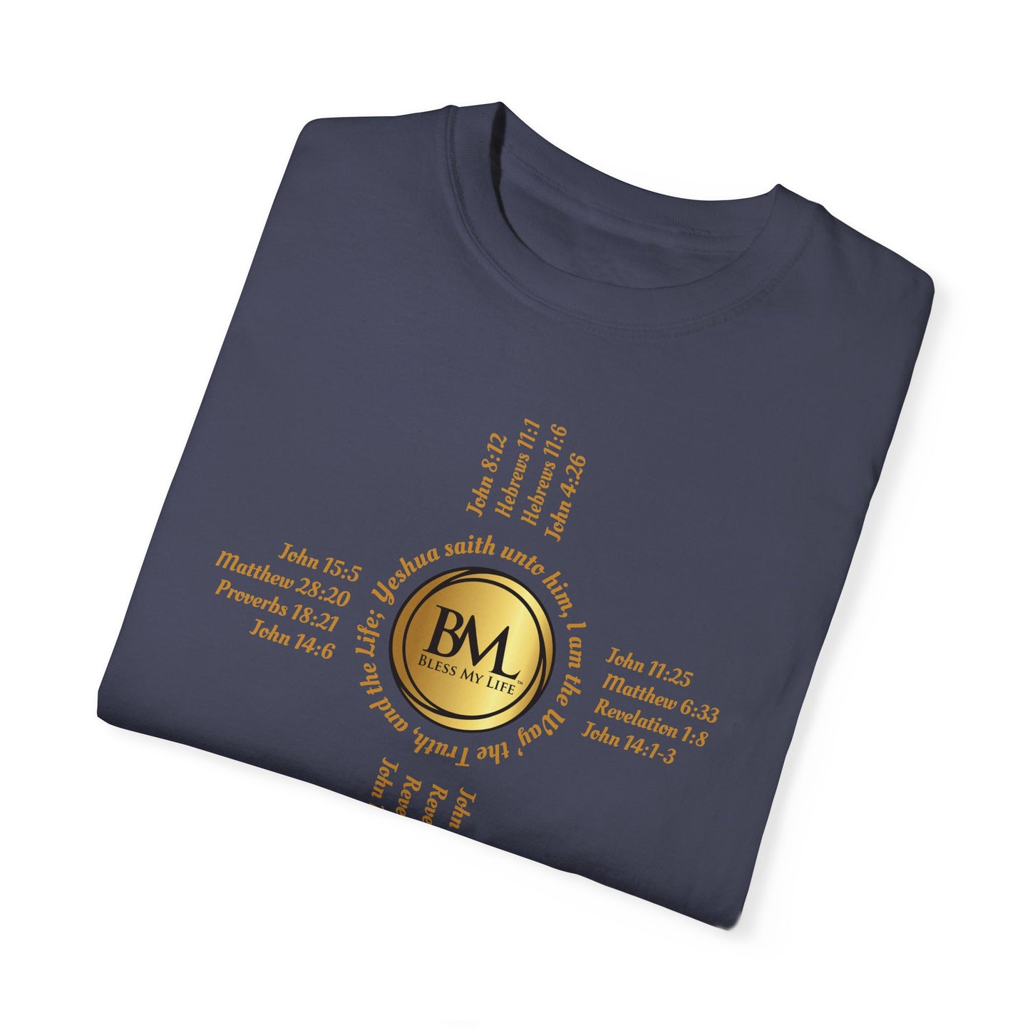 A New Mexican Favorite, Christ-Centered Comfort Garment-Dyed T-Shirt with Biblical Scriptures surrounding BML logo and in the form of the famed & respected Zia Pueblo Symbol