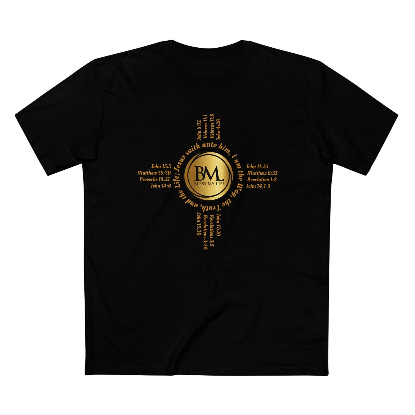 A New Mexican Favorite, Kingdom Essential Tee with Biblical Scriptures surrounding BML logo and in the form of the famed & respected Zia Pueblo Symbol