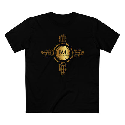 A New Mexican Favorite, Kingdom Essential Tee with Biblical Scriptures surrounding BML logo and in the form of the famed & respected Zia Pueblo Symbol