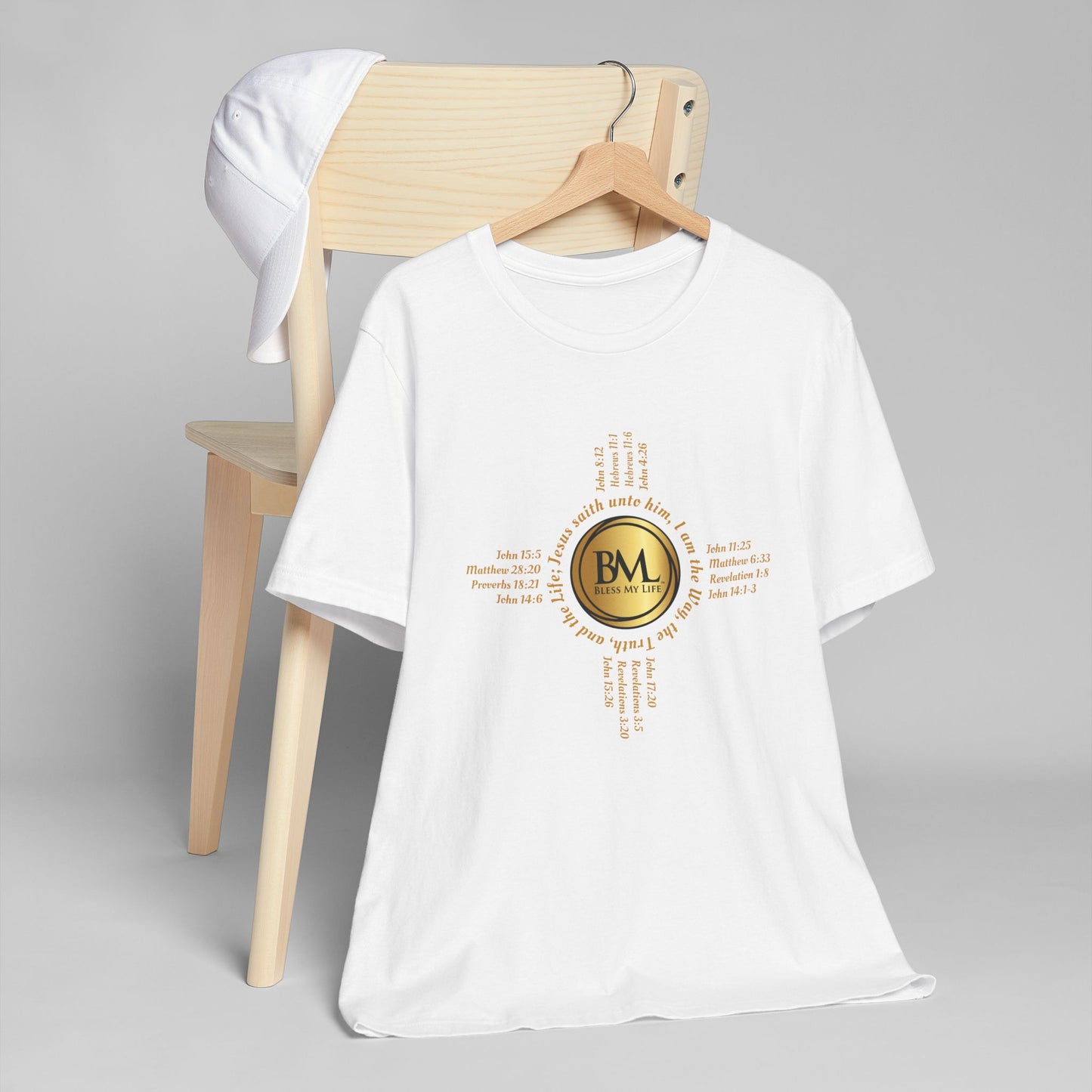 A New Mexican Favorite, Blessed Journey Unisex T-Shirt with Biblical Scriptures surrounding BML logo and in the form of the famed & respected Zia Pueblo Symbol