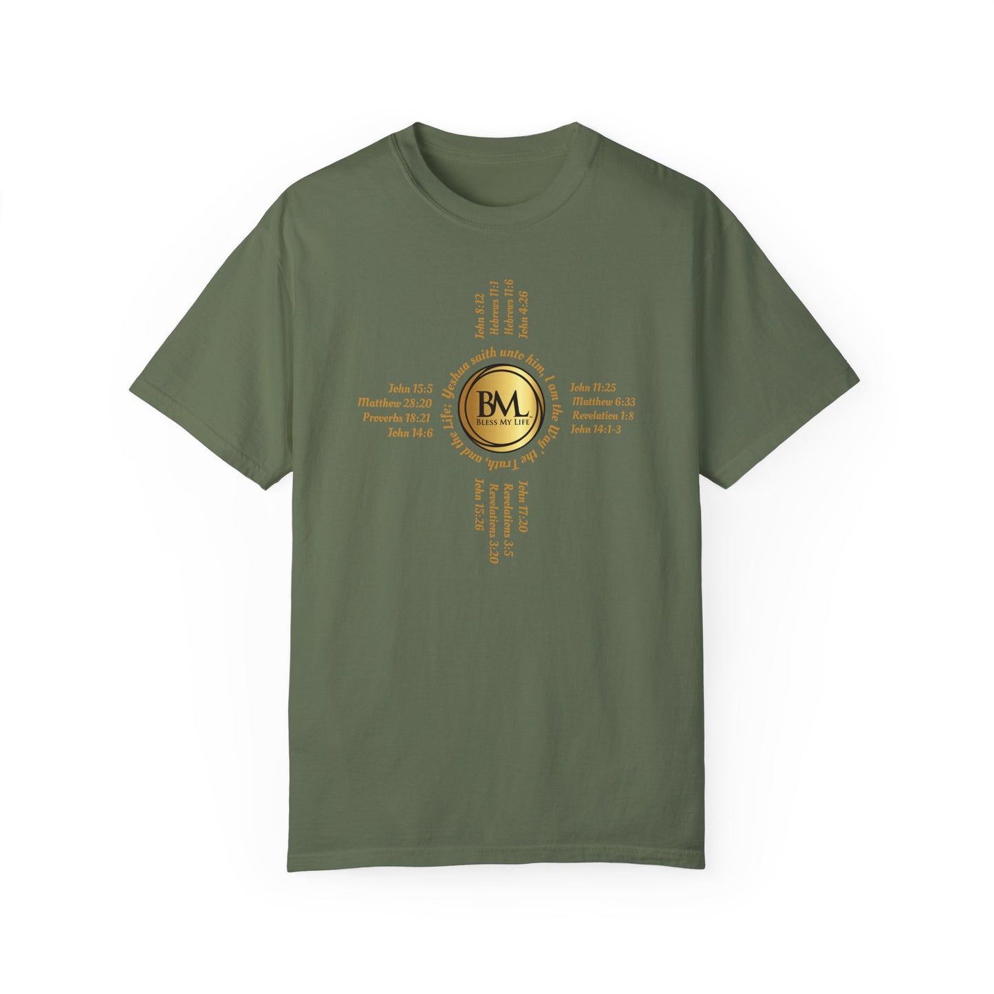 A New Mexican Favorite, Christ-Centered Comfort Garment-Dyed T-Shirt with Biblical Scriptures surrounding BML logo and in the form of the famed & respected Zia Pueblo Symbol