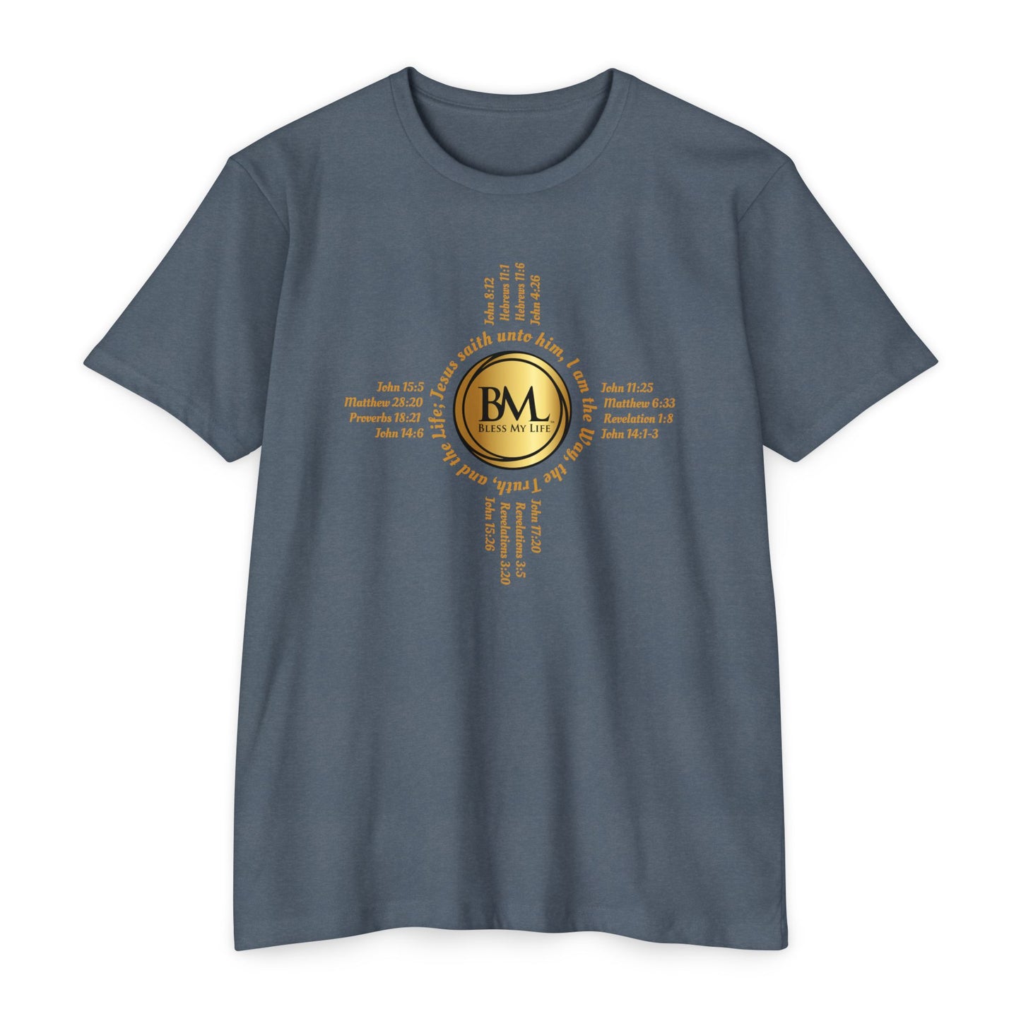 A New Mexican Favorite, Grace-Woven Jersey Tee with Biblical Scriptures surrounding BML logo and in the form of the famed & respected Zia Pueblo Symbol