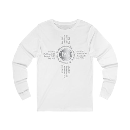 A New Mexican Favorite, Unisex Jersey Long Sleeve Tee with Biblical Scriptures surrounding BML logo and in the form of the famed & respected Zia Pueblo Symbol