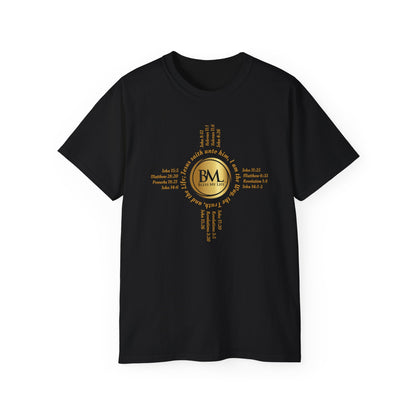 A New Mexican Favorite, Cross & Comfort Cotton T-Shirt with Biblical Scriptures surrounding BML logo and in the form of the famed & respected Zia Pueblo Symbol