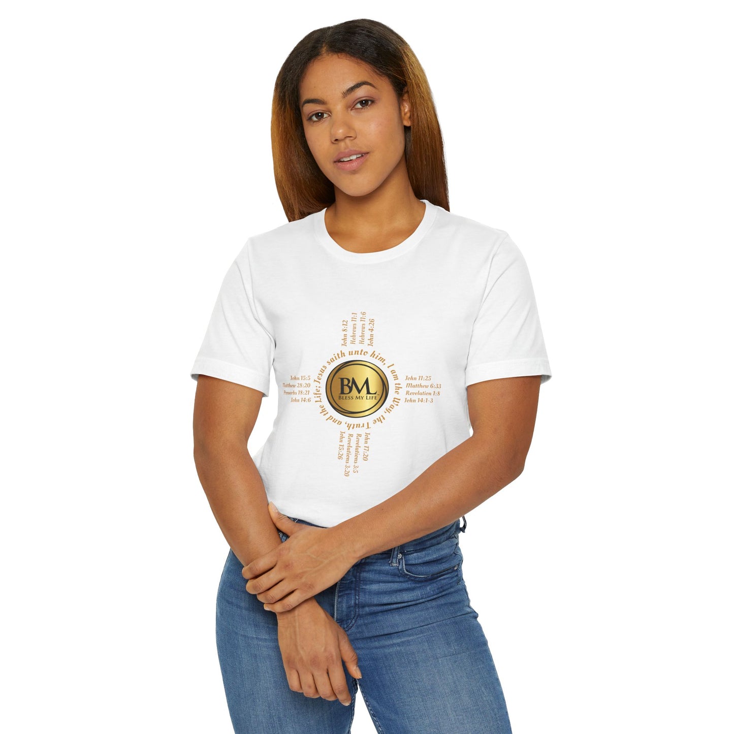 A New Mexican Favorite, Blessed Journey Unisex T-Shirt with Biblical Scriptures surrounding BML logo and in the form of the famed & respected Zia Pueblo Symbol