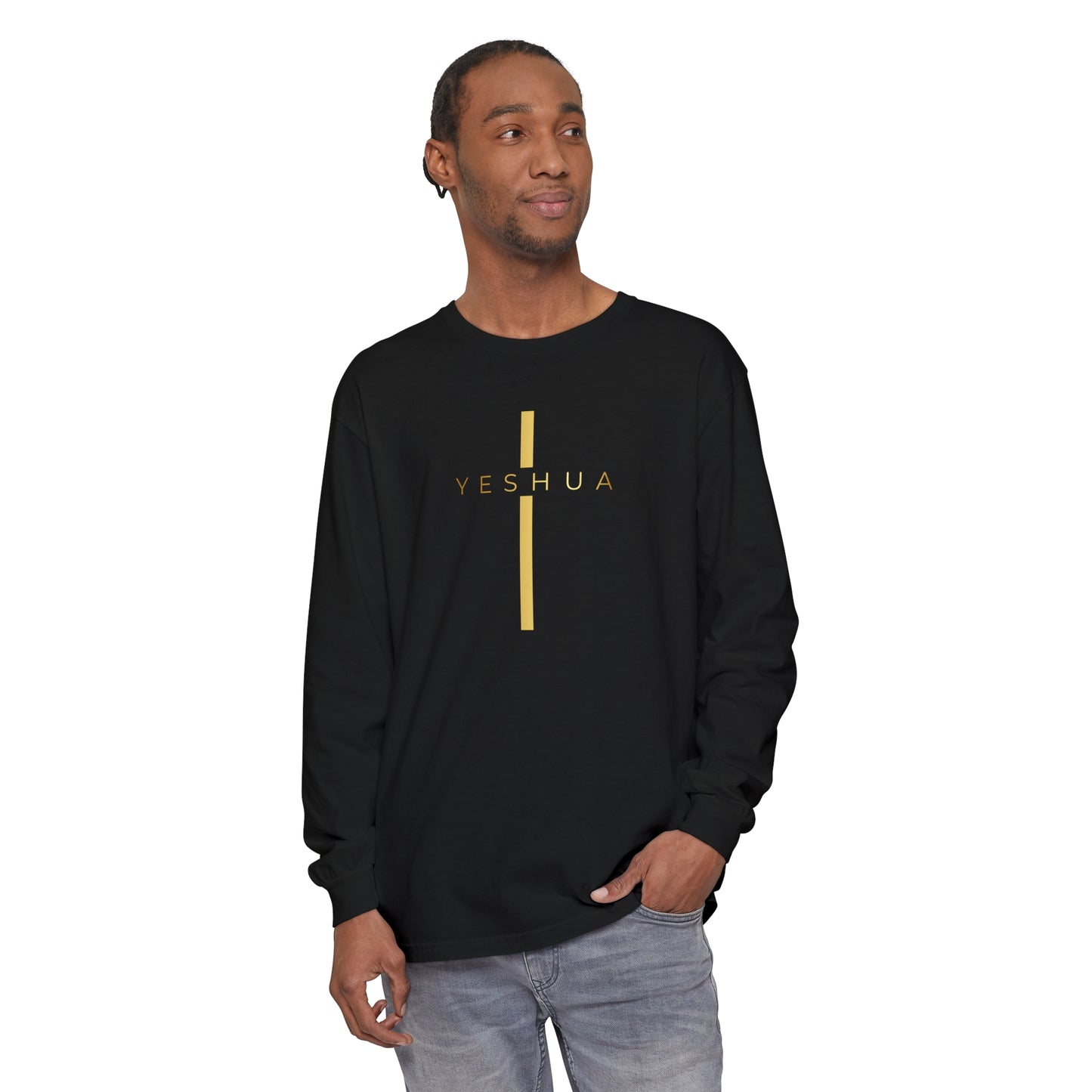 BML Faith Unisex Long Sleeve – Yesua and Cross, Garment-Dyed