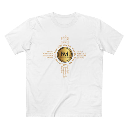 A New Mexican Favorite, Kingdom Essential Tee with Biblical Scriptures surrounding BML logo and in the form of the famed & respected Zia Pueblo Symbol