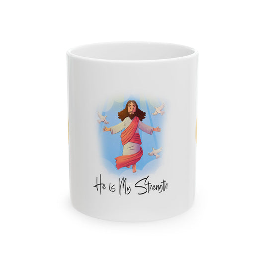 He is My Strength - Kids’ Jesus Illustration Ceramic Mug (11oz, 15oz)