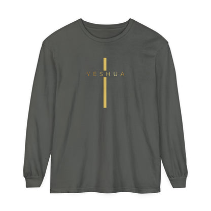 BML Faith Unisex Long Sleeve – Yesua and Cross, Garment-Dyed