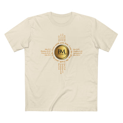 A New Mexican Favorite, Kingdom Essential Tee with Biblical Scriptures surrounding BML logo and in the form of the famed & respected Zia Pueblo Symbol