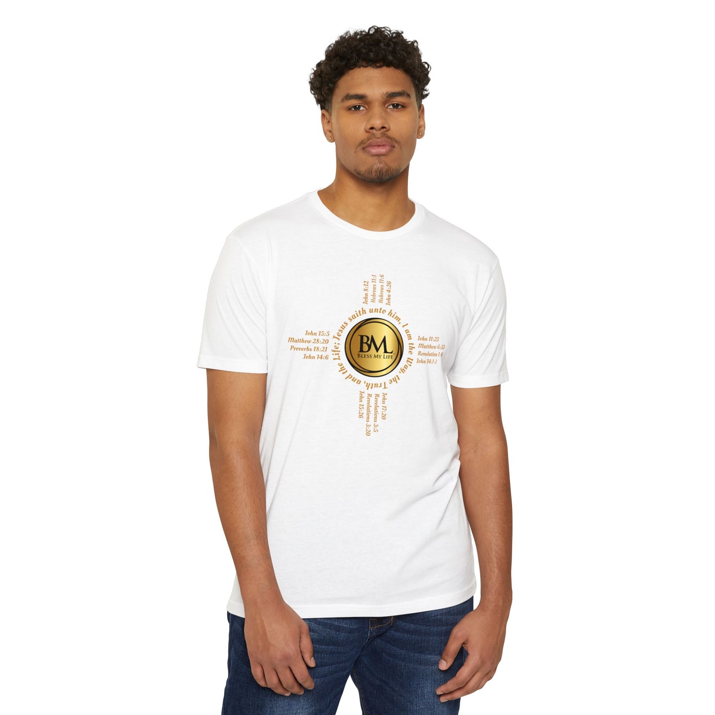 A New Mexican Favorite, Grace-Woven Jersey Tee with Biblical Scriptures surrounding BML logo and in the form of the famed & respected Zia Pueblo Symbol